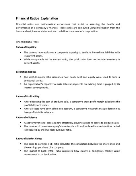 Lecture Notes Financial Ratios Explanation Financial Ratios