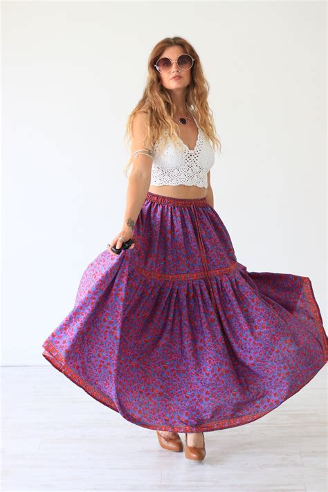 Pastel Peasant Skirt Vintage Style Gypsy Skirt 60 S 70 S Maxi Summer Festival Bohemian