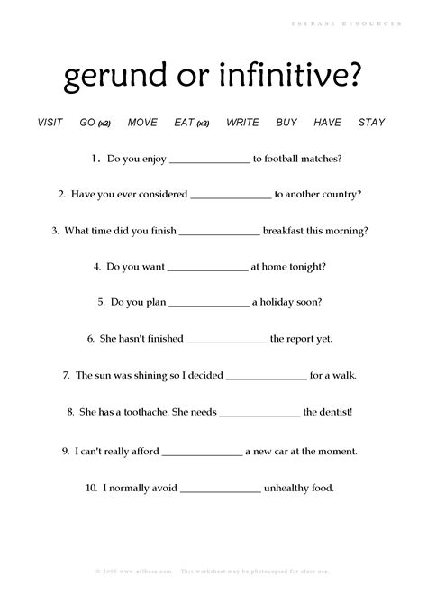 Gerunds And Infinitives Free Worksheets