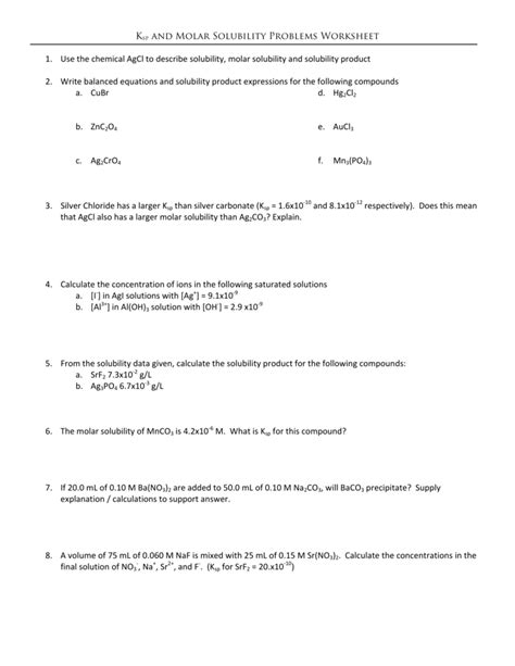 Ksp And Molar Solubility Problems Worksheet Use The Chemical