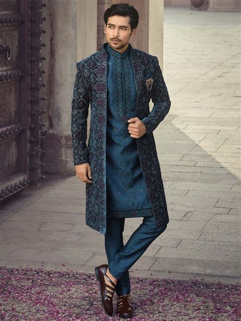 Buy Teal Green Embroidered Jacketed Indo Western Sherwani Mens Wedding