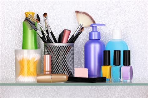 Premium Photo | Shelf with cosmetics and toiletries in bathroom