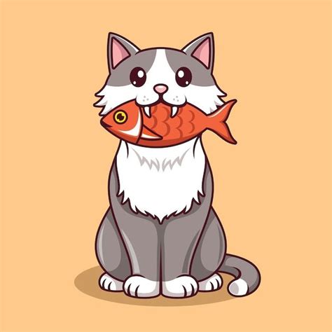 Cute Cat Eating Fish Cartoon Vector Illustration