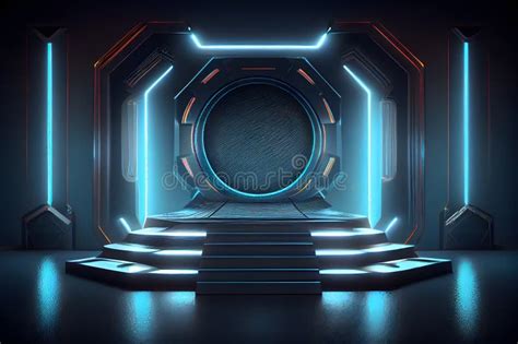 Abstract Background With Futuristic Sci Fi Empty Stage And Neon Glowing