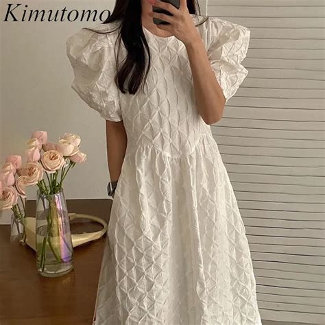 Kimutomo Vintage Loose Diamond Design A Line Dress Woman Elegant O Neck