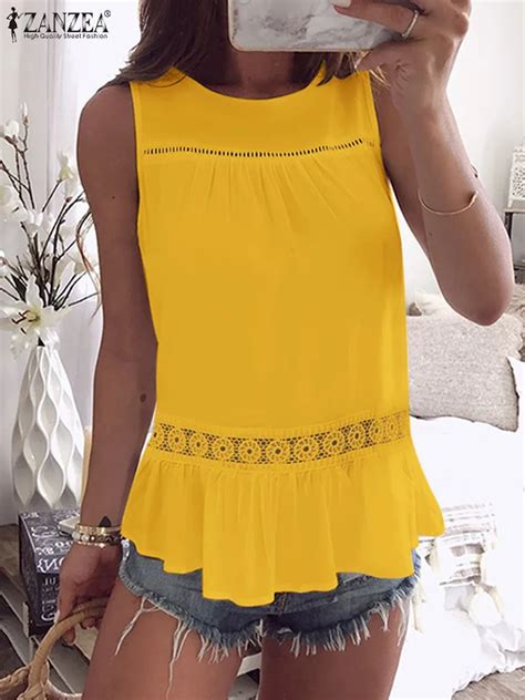 Zanzea Women Sleeveless Lace Insert Tanks Casual Round Neck Solid Color