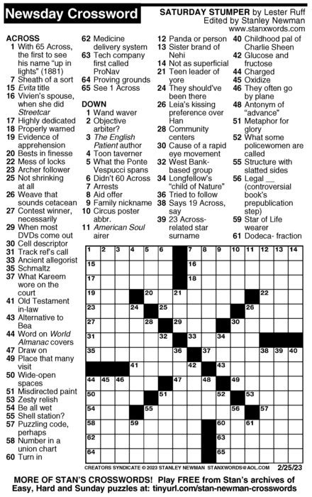 Newsday Crossword Puzzle For Feb By Stanley Newman Creators