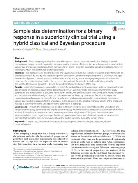 Pdf Sample Size Determination For A Binary Response In A Superiority