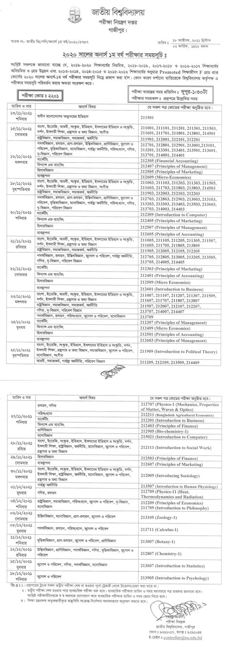 National University Honours 1st Year Exam Routine 2021 Nu Ac Bd