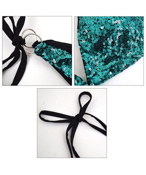 Women S 2 Pcs Triangle Swimwear Sexy Sequin Bling Bikini Swimsuit Set Green C9180MZM405