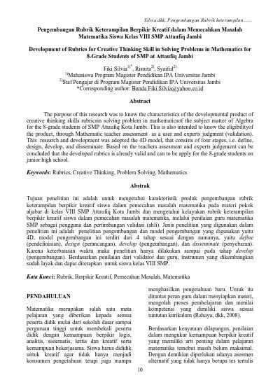 Pengembangan Rubrik Keterampilan Berpikir Kreatif Dalam Memecahkan Masalah Matematika Siswa