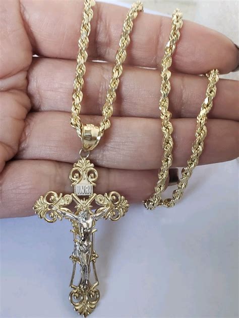 K Yellow Gold Inri Jesus Crucifix Cross Pendant Charm Mm Rope Chain