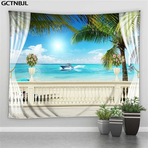 Beach Landscape Big Tapestry Sea Sailing Dolphin Green Palm Tree Hippie