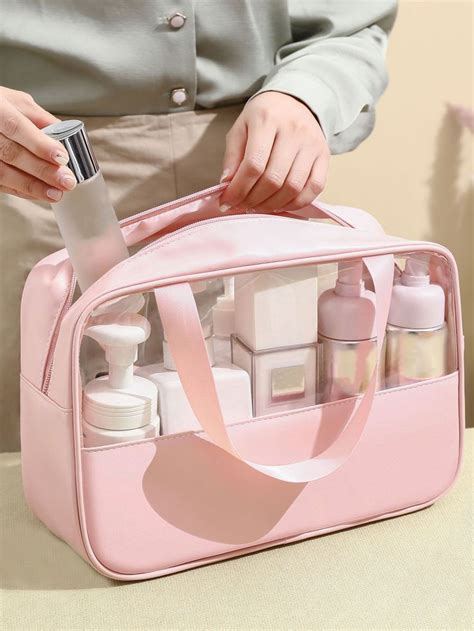 1pc Pink Transparent PVC Large Capacity Storage Bag Tote Bag Multi