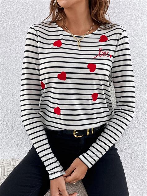 Shein Frenchy Heart Embroidery Striped Tee Shein Usa