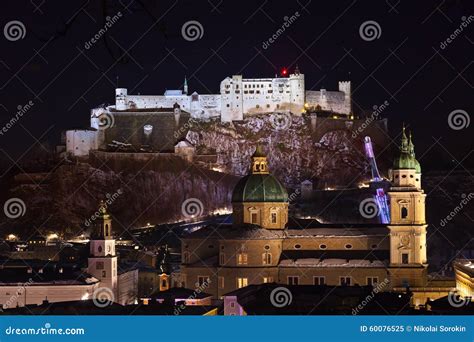 Salzburg and Castle Hohensalzburg at Night - Austria Stock Image ...