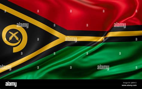 Vanuatu National Flag Full Screen Background Silk Farbric Close Up Waving In The Wind Stock