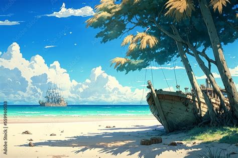 Landscape with fishing boat on the beach, sky and clouds, anime style ...