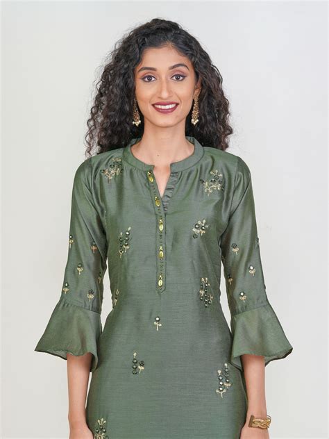 Mirror Work And Cord Embroidered Premium Raw Silk Kurti In 2020 Silk