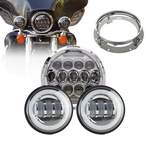 75W 7 Inch Harley LED Headlights 4 5 Fog Light White Halo Ring