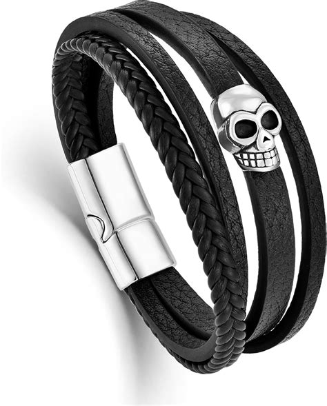 Amazon Veshon Mens Skull Bracelet Multi Layer Braided Leather