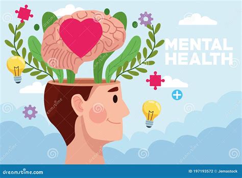 Mental Health Day Man Profile And Heart In Brain With Icons Stock