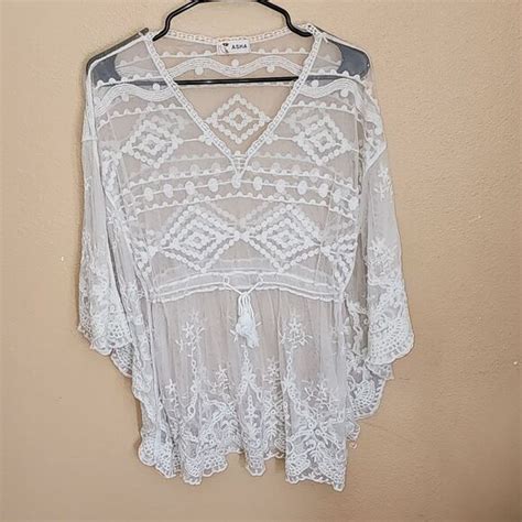 Swim Asha White Crochet Lace Kaftan Boho Sheer Bikini Cover Up Large Poshmark
