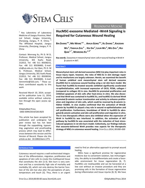 Pdf Hucmsc‐exosome Mediated‐wnt4 Signaling Is Required For Cutaneous Wound Healing