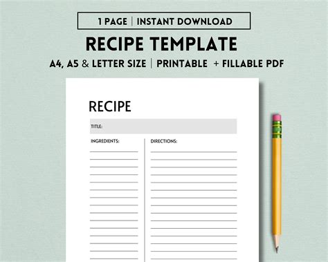 Recipe Template Printable Blank Recipe Page Cook Book - Etsy