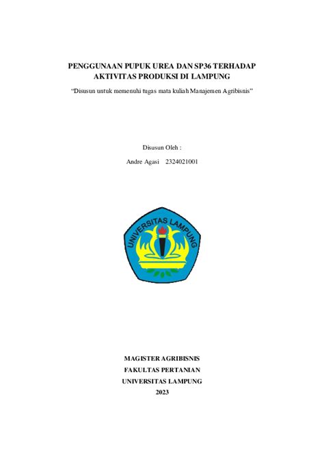 Pdf Penggunaan Pupuk Urea Dan Sp36 Terhadap Aktivitas Produksi Di Lampung Disusun Untuk