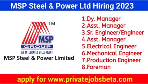 Msp Steel Power Ltd New Job Vacancy Iti Diploma Be B Tech