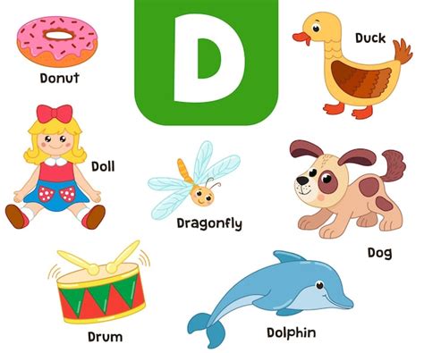 Palavras Ingles Com A Letra D - Alfabeto inglês em fotos Ilustração em vetor letra D colorida infantil ...