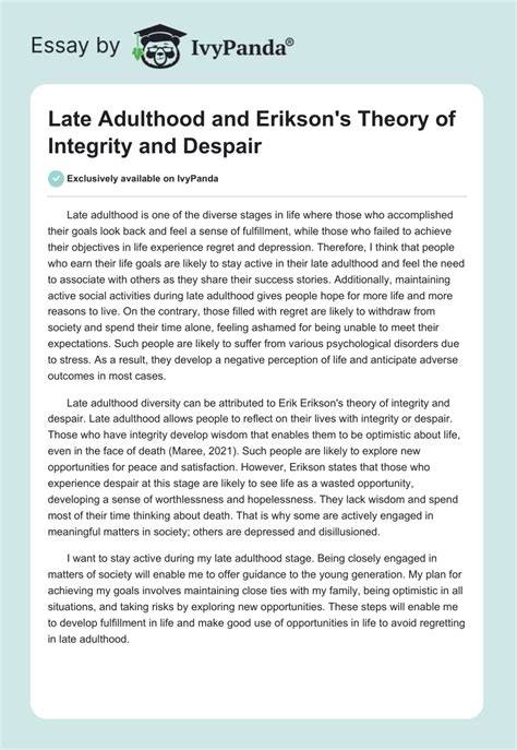 Late Adulthood And Erikson S Theory Of Integrity Words Essay