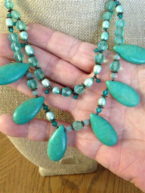 Turquoise And Freshwater Pearl Blue Beaded Necklace Etsy Beaded Necklace Blue Beaded