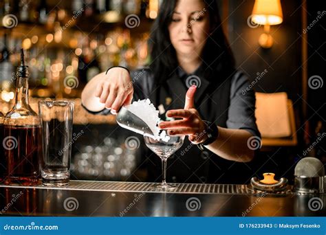 Bartender Pouring Ice Cubes Into Glass On Bar Counter Stock Image