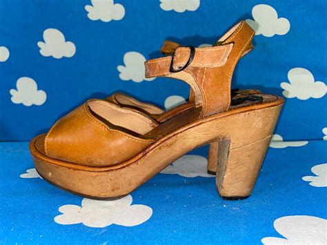 Vintage 70s Platform Sandals Wooden Heels Ankle Buckle Strap