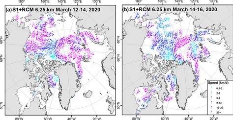 The spatial distribution of 6.25 km 3 d S1 + RCM sea ice motion on (a ... 