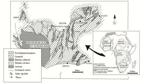 Simplified map showing the West African craton modified after Milesi et ...