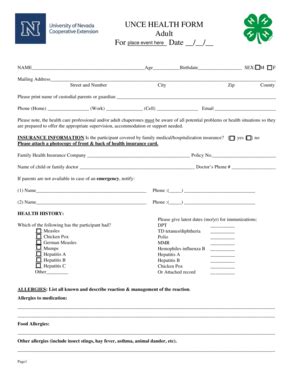 Fillable Online Unce Unr Adult Health Form University Of Nevada Reno