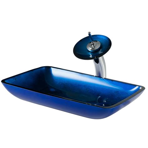 Kraus Rectangular Blue Glass Bathroom Vessel Sink And Waterfall Faucet