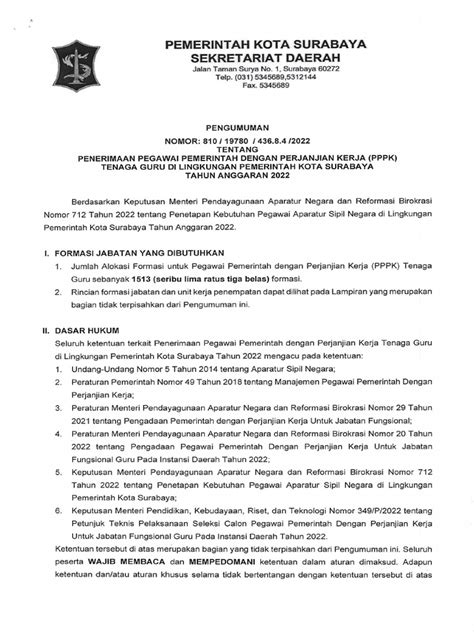 Pengumuman Pppk 2022 Pemkot Surabaya Pdf