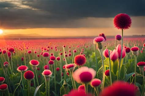 Premium AI Image | sunset in a field of pink flowers