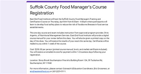 Suffolk County Food Manager S Course Registration