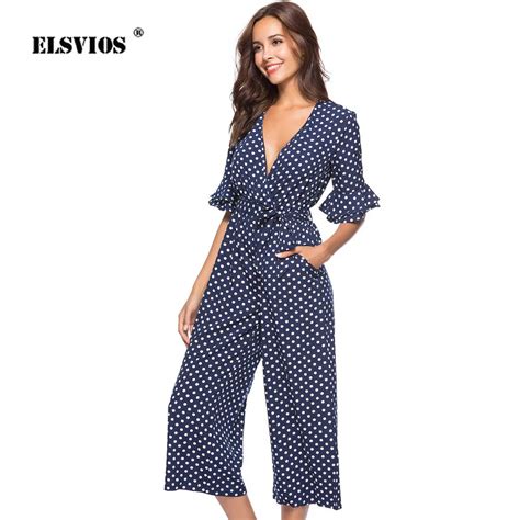 Elsvios 2019 Polka Dot Printed Jumpsuit Women Sexy V Neck Wide Leg Pants Long Bodycon Romper