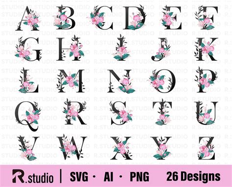 26 Letters Svg Files Flowers Svg Bundle Monogram Svg Floral Etsy