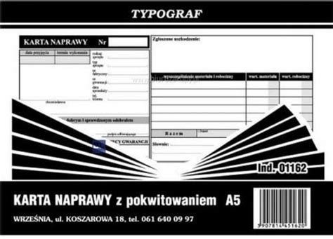 Druk samokopiujący karta naprawy z pokwitowaniem A5 80 kartek TYPOGRAF