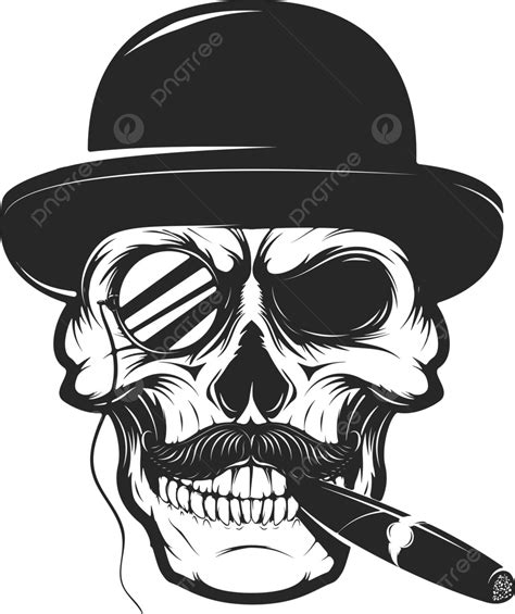 Design Element For Logo Skull Wearing Hat Smoking Cigar And Monocle