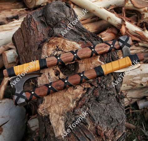 custom hand forged viking axes set   leather wrapped wooden handle