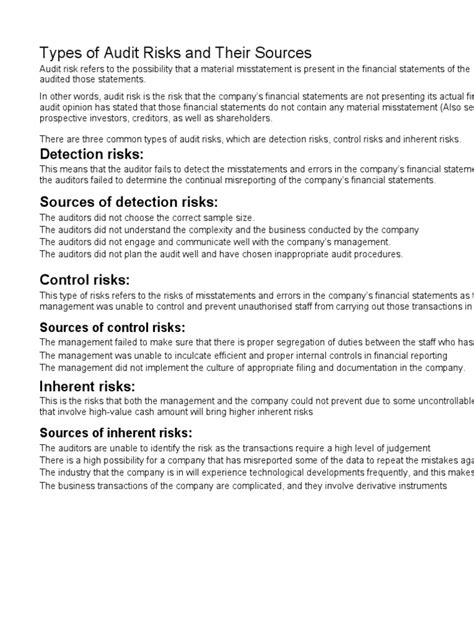 Types Of Audit Risks And Their Sources Pdf