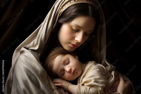 A Serene And Gentle Depiction Of Mary Cradling The Infant Jesus In Her